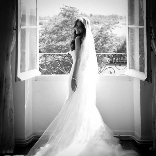 Wedding dress in the style of Inbal Dror Chantilly Mantilla Cathedral Veil Bridal 