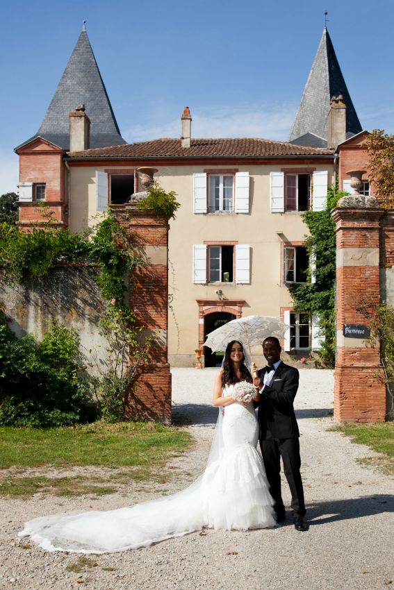 Wedding Dress Chateau South of France in the style of Inbal Dror Lace Parasol Prop Wedding Photos Tuxedo Groom