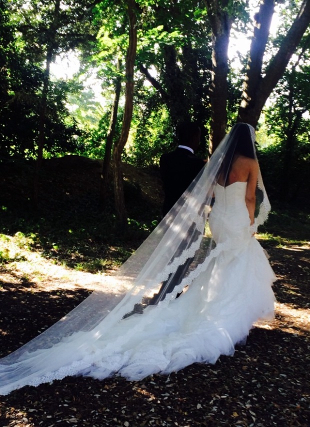 Inbal Dror inspired wedding dress UK mantilla cathedral length wedding veil chantilly lace trim edging